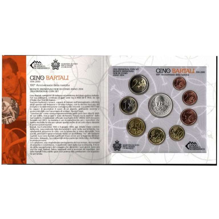 (2014, 9 монет) Набор монет Сан-Марино 2014 год &quot;Джино Бартали&quot;  Буклет