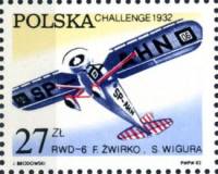 (1982-015) Марка Польша "Моноплан RWD-6"    50-летие победы в полетах Challenge Trophy III Θ