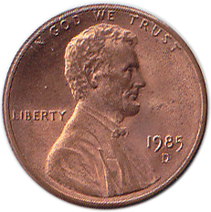 (1985d) Монета США 1985 год 1 цент   150-летие Авраама Линкольна, Мемориал Линкольна Латунь  VF