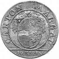 (№1805km5 (10 Раппен - ААРГАУ - линия прокладки)) Монета Швейцария 1805 год 1 Batzen (10 Раппен - АА