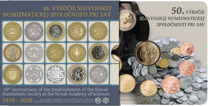 (2020, 8 монет + жетон) Набор монет Словакия 2020 год &quot;Нумизматическое общество. 50 лет&quot;   Буклет