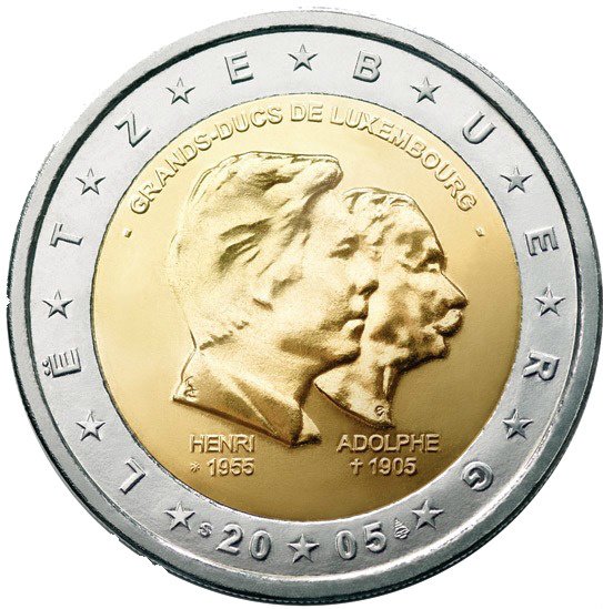 (002) Монета Люксембург 2005 год 2 евро &quot;Великие герцоги Анри и Адольф&quot;  Биметалл  UNC
