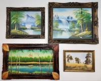 Картины 4 штуки декор интерьера пейзажи в красивых рамах церквушка у реки водопады горы