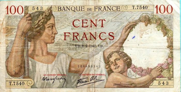 (№1940P-94a.6) Банкнота Франция 1940 год &quot;100 Francs&quot;