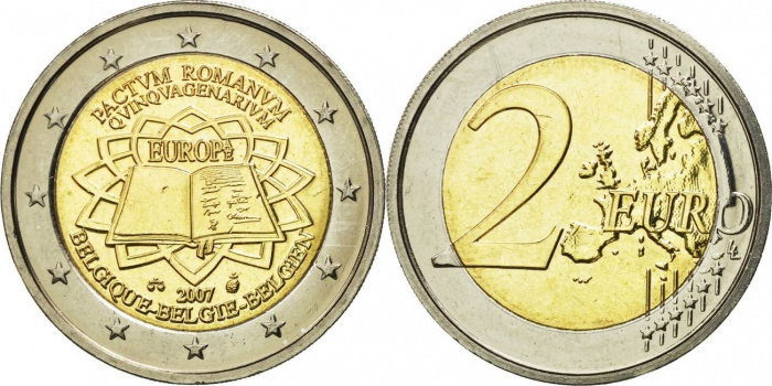 (003) Монета Бельгия 2007 год 2 евро &quot;Римский договор 50 лет&quot;  Биметалл  UNC