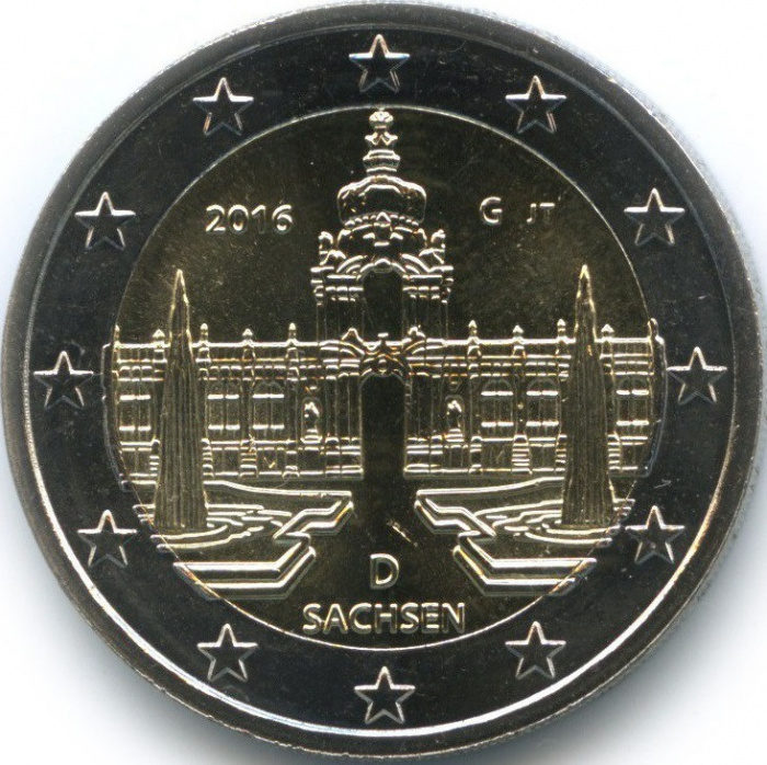 (017) Монета Германия (ФРГ) 2016 год 2 евро &quot;Саксония&quot; Двор G Биметалл  UNC