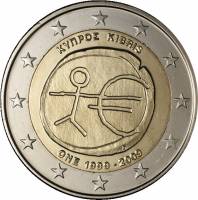 (001) Монета Кипр 2009 год 2 евро "Экономический союз 10 лет"  Биметалл  UNC