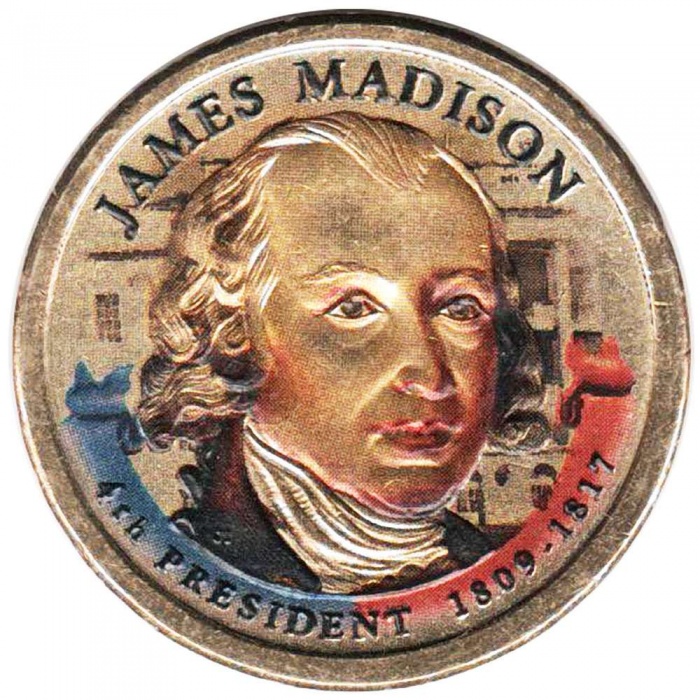 (04p) Монета США 2007 год 1 доллар &quot;Джеймс Мэдисон&quot;  Вариант №2 Латунь  COLOR. Цветная