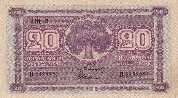 (,) Банкнота Финляндия 1939 год 20 марок    UNC