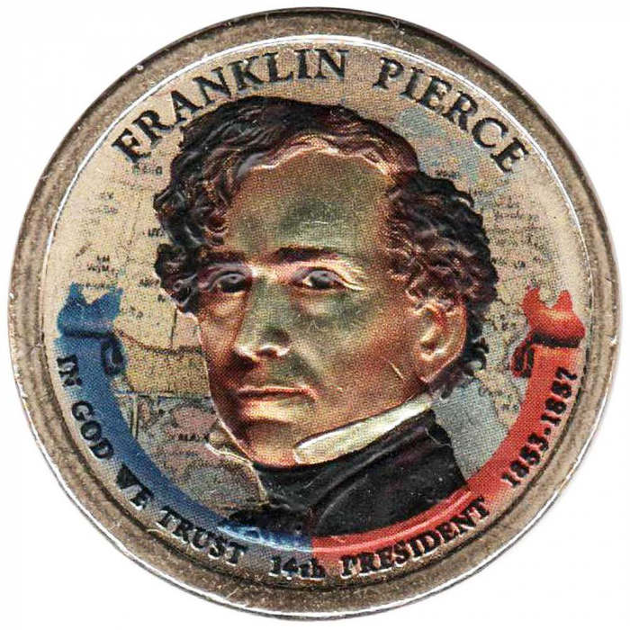 (14d) Монета США 2010 год 1 доллар &quot;Франклин Пирс&quot;  Вариант №2 Латунь  COLOR. Цветная