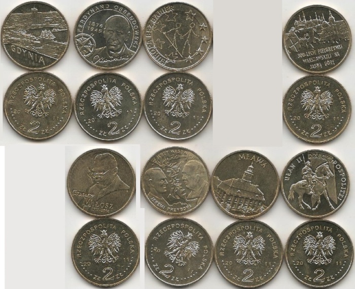 213-217 221 223 226 8 монет по 2 злотых Набор монет Польша 2011 год   UNC
