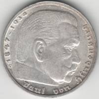 1939G Монета Германия 5 марок Пауль Гинденбург Серебро Ag 900  XF