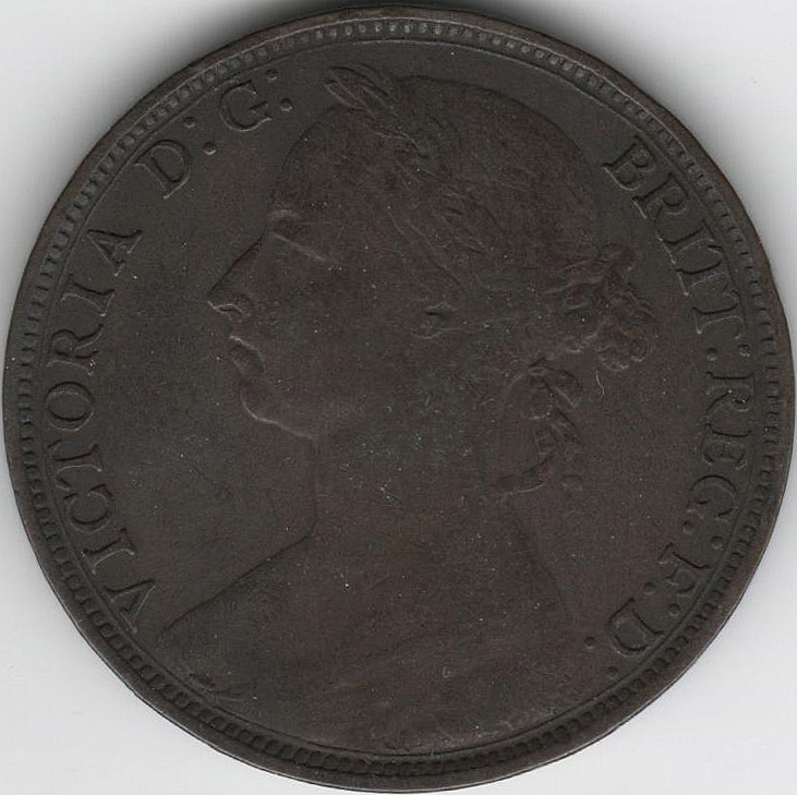 (1889) Монета Великобритания 1889 год 1 пенни &quot;Королева Виктория&quot;  Бронза  VF
