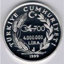 () Монета Турция 1999 год 4000000  &quot;&quot;   Биметалл (Серебро - Ниобиум)  UNC
