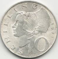 (1971) Монета Австрия 1971 год 10 шиллингов "Женская голова"  Серебро Ag 640  UNC