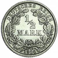(1906F) Монета Германия (Империя) 1906 год 1/2 марки   Серебро Ag 900  UNC
