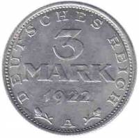 (1922a) Монета Германия Веймарская республика 1922 год 3 марки    F