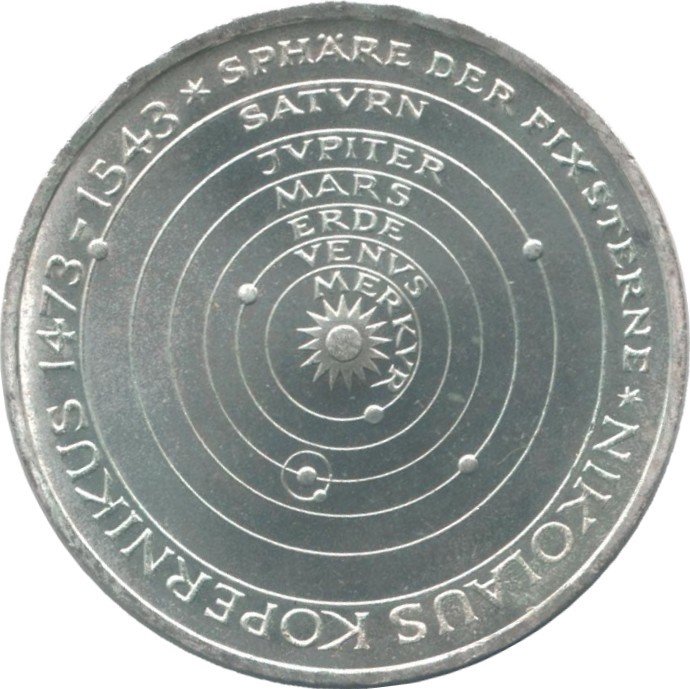 (1973J) Монета Германия (ФРГ) 1973 год 5 марок &quot;Николай Коперник 500 лет рождения&quot;  Серебро Ag 625  