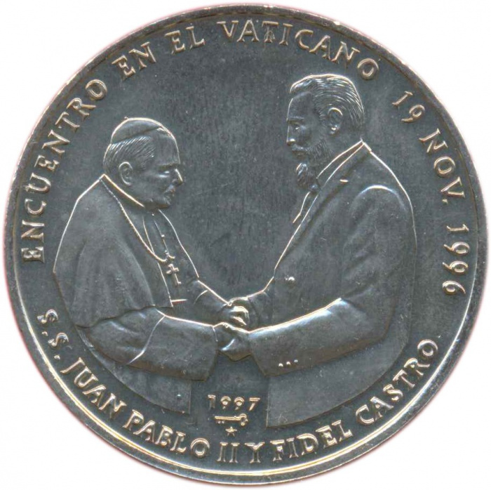 (1997) Монета Куба 1997 год 1 песо &quot;Фидель Кастро и Иоанн Павел II&quot;  Медь-Никель  UNC