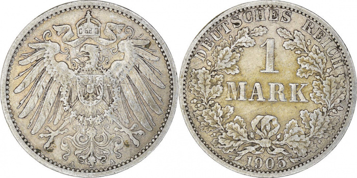 (1905A) Монета Германия (Империя) 1905 год 1 марка   Серебро Ag 900  XF