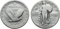 (1930) Монета США 1930 год 25 центов "Стоящая Свобода" 3. Углубленная дата Серебро Ag 900  VF