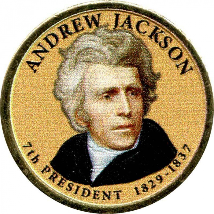 (07d) Монета США 2008 год 1 доллар &quot;Эндрю Джексон&quot;  Вариант №1 Латунь  COLOR. Цветная
