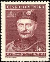(1948-015) Марка Чехословакия "Й. Ваничек (Красно-фиолетовая)"    11 Сокол конгресс, Прага III Θ