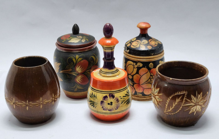 Набор сувениров Посуда и вазы из дерева хохлома  5 предметов (сост. на фото)