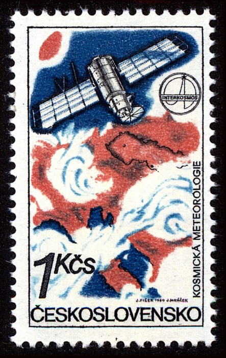 (1980-019) Марка Чехословакия &quot;Спутниковая карта погоды&quot;    Интеркосмос. Космические исследования II