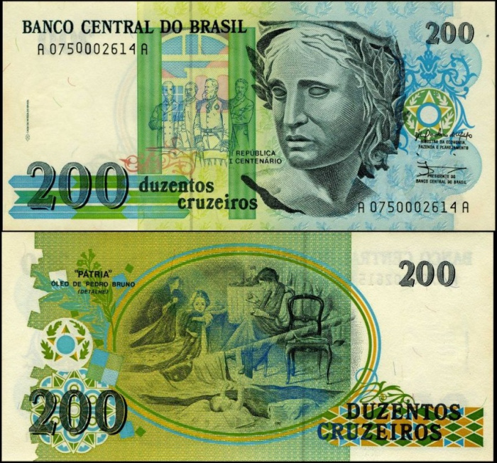 (1990) Банкнота Бразилия 1990 год 200 крузейро &quot;Республика&quot;   UNC