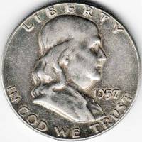 (1957) Монета США 1957 год 50 центов   Бенджамин Франклин Серебро Ag 900  VF