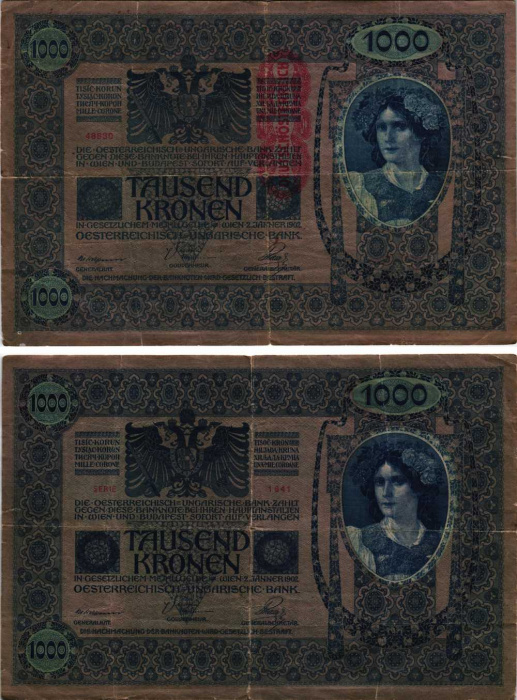 (1919) Банкнота Австро-Венгрия 1919 год 1 000 крон &quot;Вертик надпечатка на боне 1902 года&quot;   F