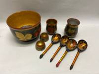 Набор столовой посуды из дерева Хохлома 9 предметов горшок + 4 ложки + 2 стакана + 2 солонки