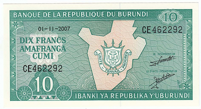 (2007) Банкнота Бурунди 2007 год 10 франков &quot;Карта&quot;   UNC