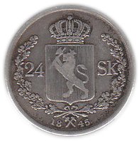 (№1845km315.1) Монета Норвегия 1845 год 24 Skilling (б/н оформлены границы)