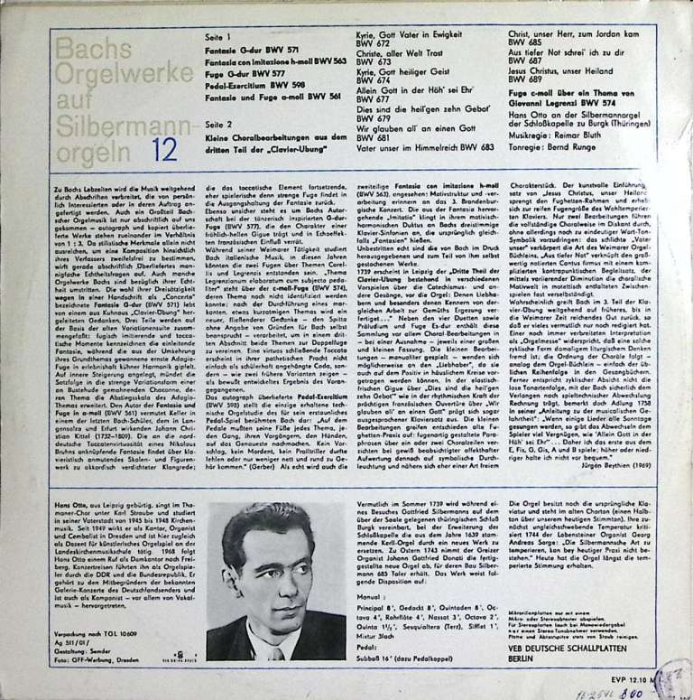 Пластинка виниловая &quot;. Bachs Orgelwerke auf Silbermann-orgeln&quot; ETERNA 300 мм. Excellent