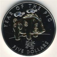 (2007) Монета Соломоновы Острова 2007 год 5 долларов "Год свиньи"  Позолота Серебро Ag 999  PROOF