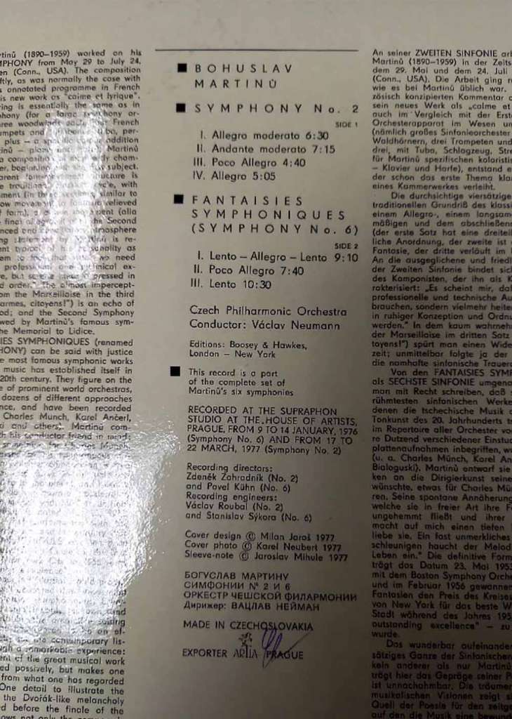 Пластинка виниловая , Martinu:Symphony №2 Supraphon 300 мм. (Сост. отл.)