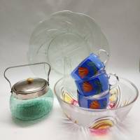 Блюдо Салатник Сахарница чашки чайные цветное стекло 6 предметов