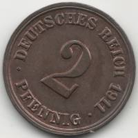 (1911E) Монета Германия (Империя) 1911 год 2 пфеннинга   Медь  UNC