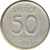 (1953) Монета Швеция 1953 год 50 эре   Серебро Ag 400  UNC
