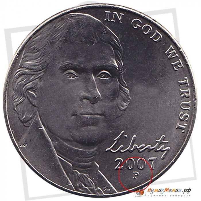 (2007p) Монета США 2007 год 5 центов   Томас Джефферсон анфас Медь-Никель  UNC
