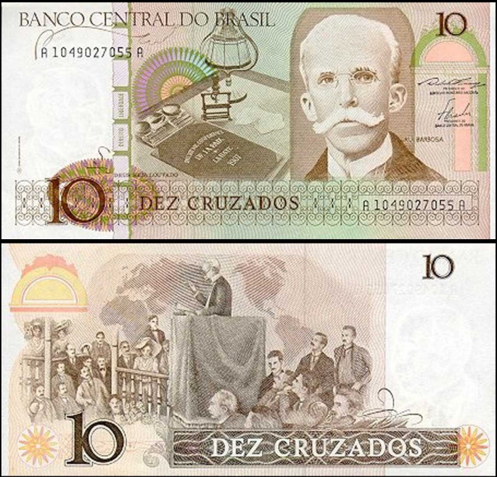 (1986-1987) Банкнота Бразилия 1986-1987 год 10 крузадо &quot;Руи Барбоса&quot;   UNC