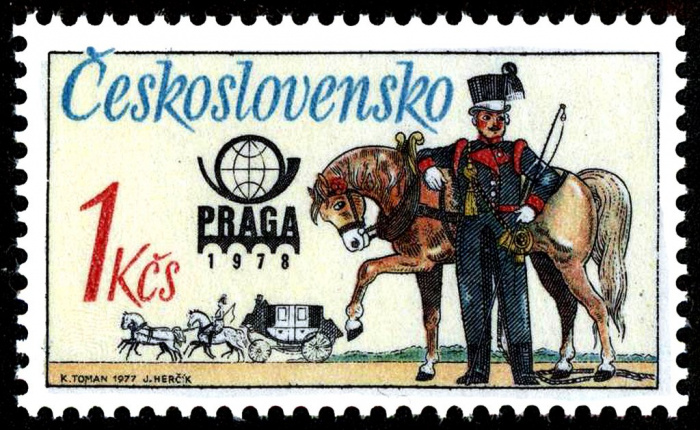 (1977-025) Марка Чехословакия &quot;Австрийский Почтальон 1838 г.&quot;    Международная выставка марок Прага 
