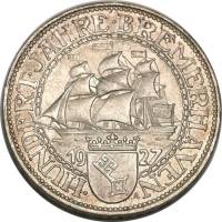 (1927a) Монета Германия Веймарская республика 1927 год 3 марки   100 лет Бремерхафену  VF