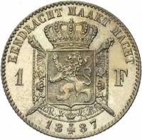 (№1886km29.1) Монета Бельгия 1886 год 1 Franc (Фламандские легенды)