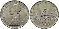(1961) Монета Италия 1961 год 500 лир "Каравеллы"  Серебро Ag 835  XF