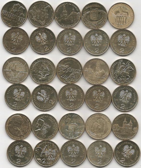 (169-173 175 177 179-186 15 монет по 2 злотых) Набор монет Польша 2009 год   UNC