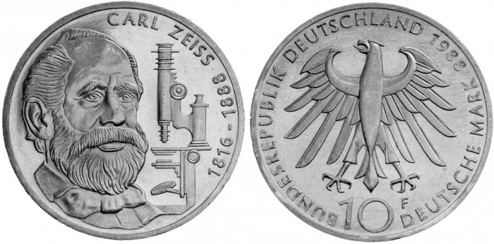 (1988F) Монета Германия (ФРГ) 1988 год 10 марок &quot;Карл Цейс&quot;  Серебро Ag 625  UNC