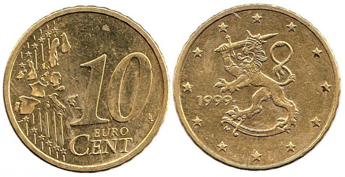(1999) Монета Финляндия 1999 год 10 евроцентов  1-й тип образца 1999-2006 с буквой М Латунь  VF